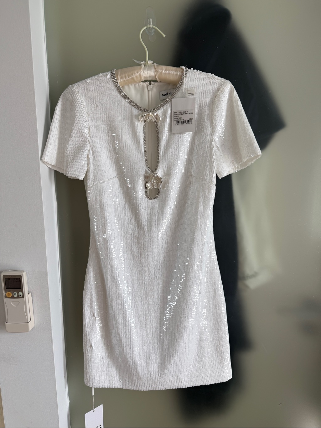 Self-Portrait White Sequin Mini Dress With Jeweled Keyhole